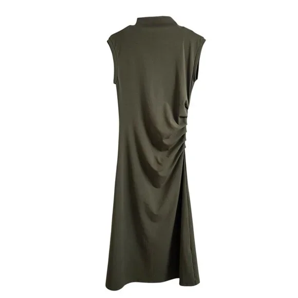 OGL Move Mockneck Tucks Slim Fit Midi Length Dress Ruched Olive Green Size M NEW - Picture 3 of 16